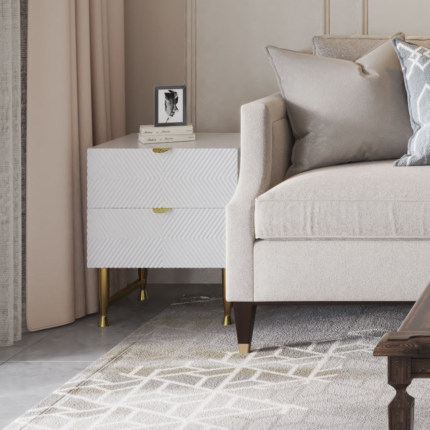 Modern 2 Drawers White Lacquer Nightstand