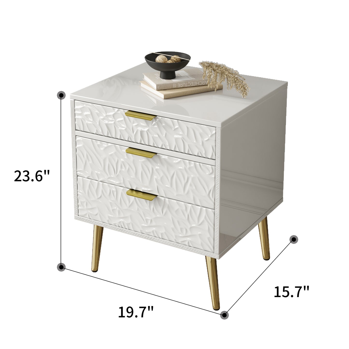 Modern Luxury White & Gold 3 Drawers Bedroom Nightstand