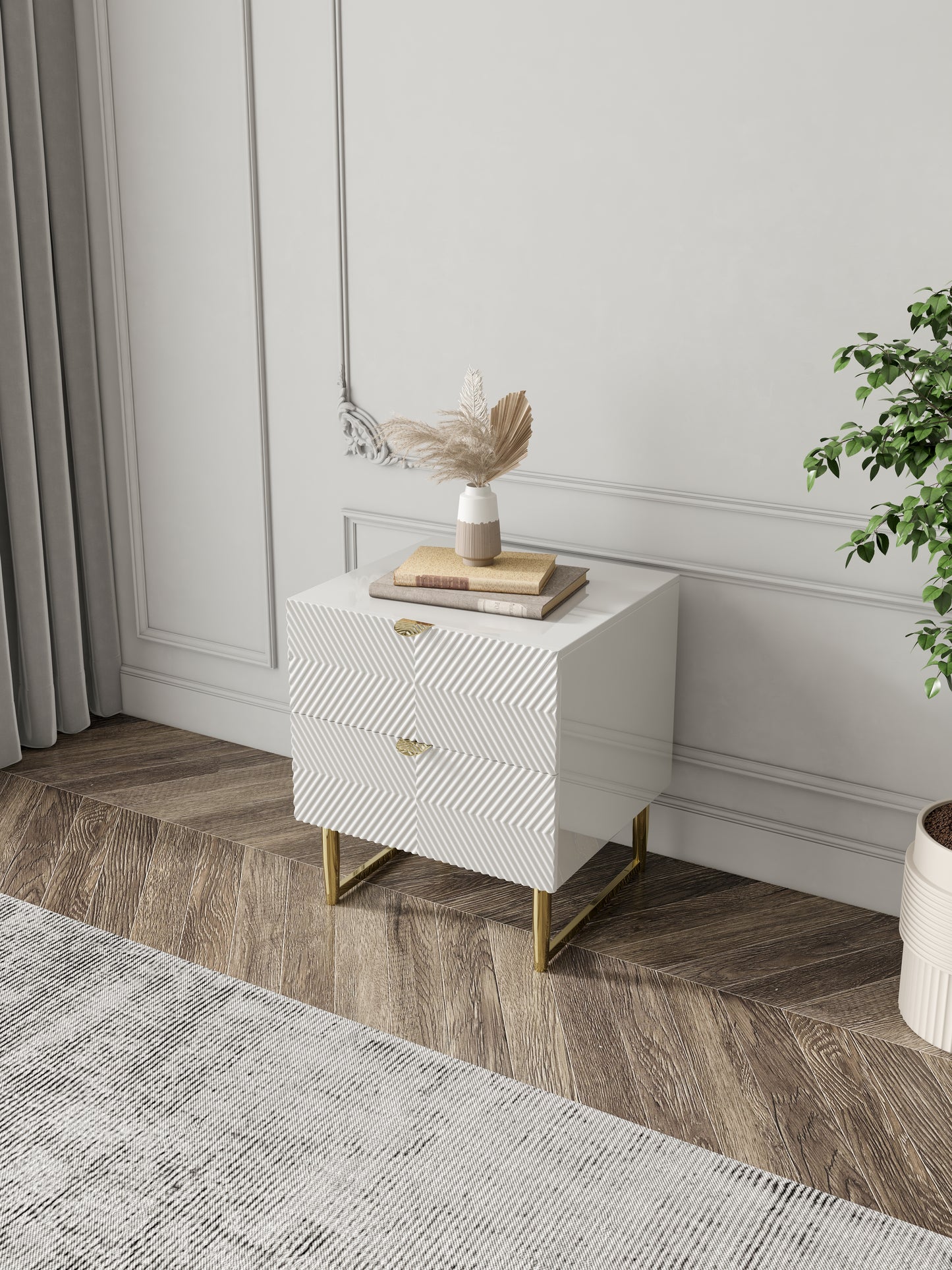 Modern 2 Drawers White Lacquer Nightstand