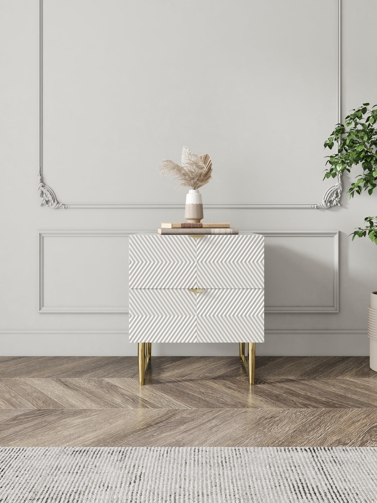 Modern 2 Drawers White Lacquer Nightstand