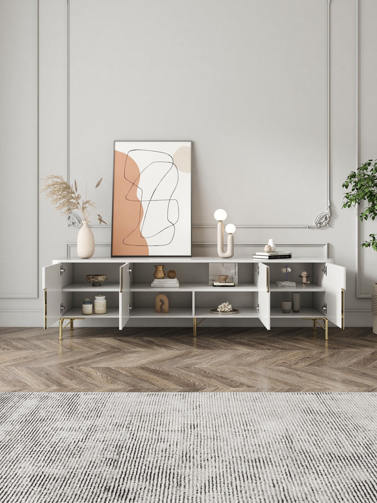 Modern TV Stand Stone Top 4 Doors with Storage Media Console for TVs up to 85"