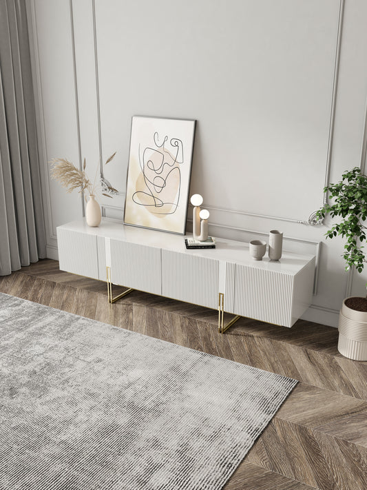 Minimalist 78.7" Off White TV Stand Stone Top Media Console 4 Doors 6 Shelves