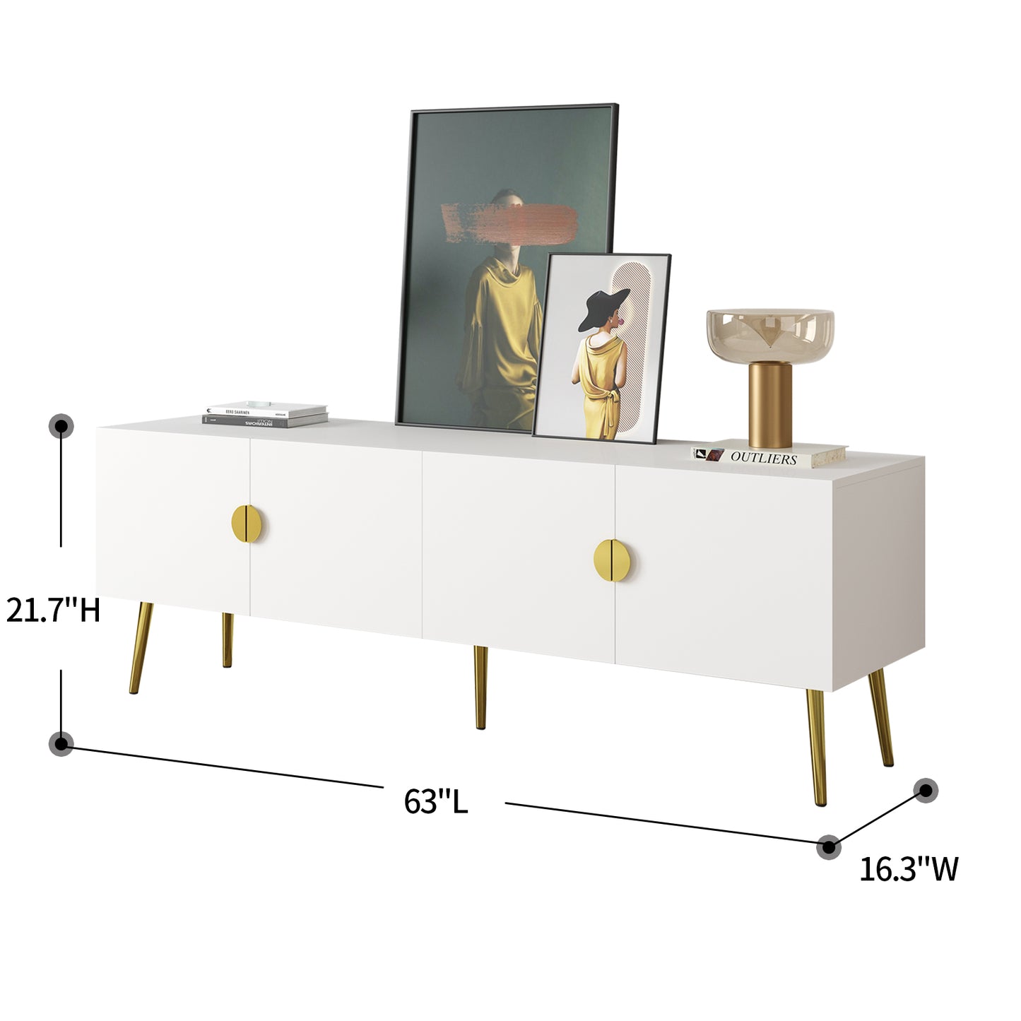 63" Minimalist Design Matte White TV Stand with Gold Accent