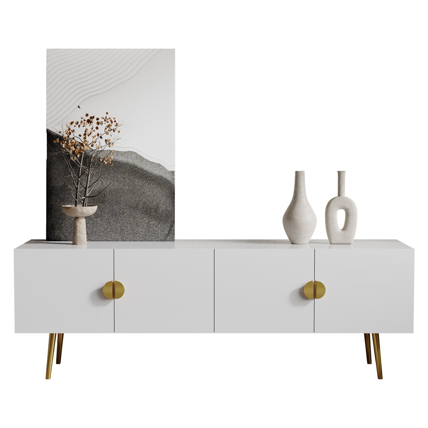 63" Minimalist Design Matte White TV Stand with Gold Accent